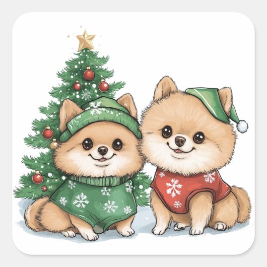 Kerst Pommerse honden Vierkante Sticker (Voorkant)