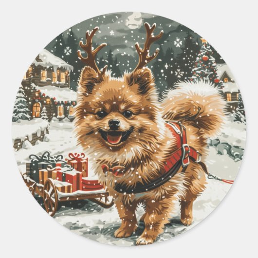 Kerst Pommerse rendierhond Ronde Sticker (Voorkant)