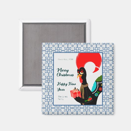 Kerst Portugees Haan en blauw tegels lijst Magneet (Voorkant / Achterkant)