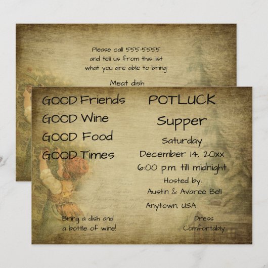 Kerst Pot Luck Dinerfeest Kaart (Voorkant / Achterkant)