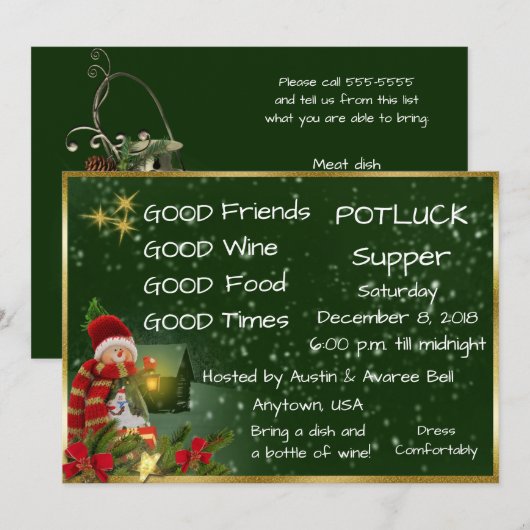Kerst Pot Luck Dinerfeest Kaart (Voorkant / Achterkant)