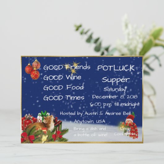 Kerst Pot Luck Dinerfeest Kaart (Staand voorkant)
