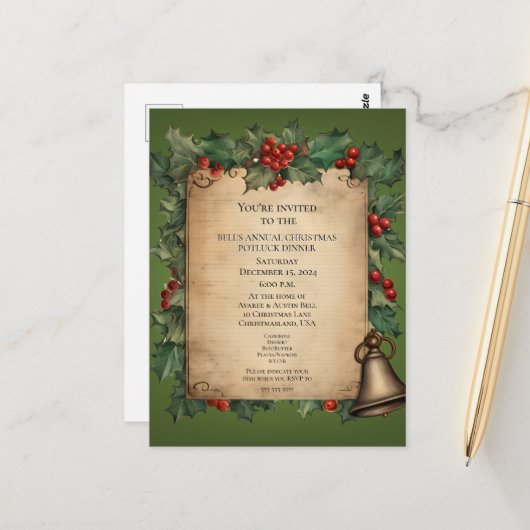 Kerst Potluck Diner Oude Wereld Scroll Uitnodiging (Voorkant / Achterkant in situ)