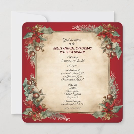 Kerst Potluck Diner Oude Wereld Scroll Uitnodiging (Voorkant)