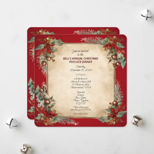 Kerst Potluck Diner Oude Wereld Scroll Uitnodiging (Voorkant / Achterkant in situ)