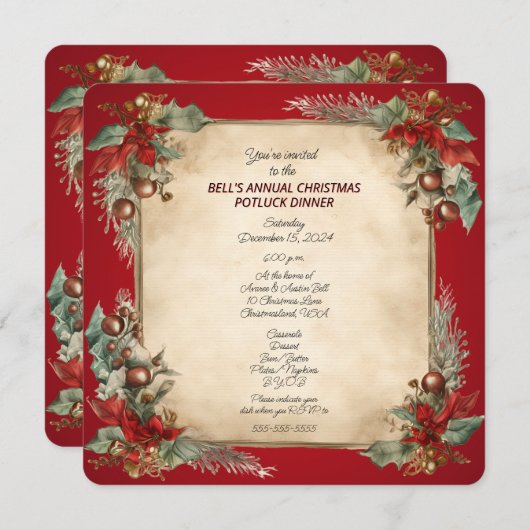Kerst Potluck Diner Oude Wereld Scroll Uitnodiging (Voorkant / Achterkant)