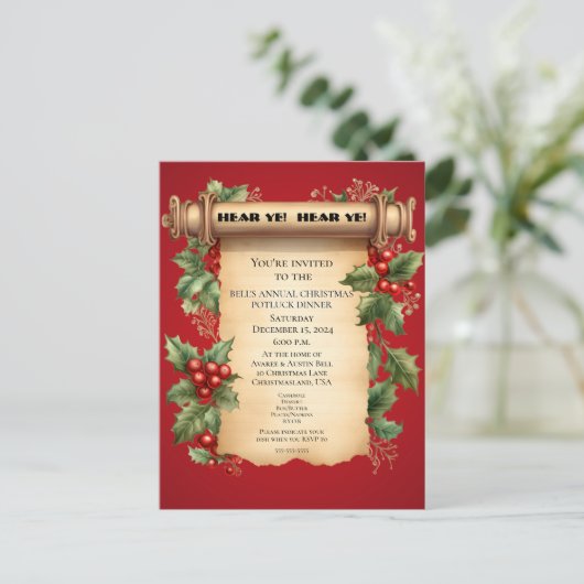 Kerst Potluck Diner Oude Wereld Scroll Uitnodiging (Staand voorkant)