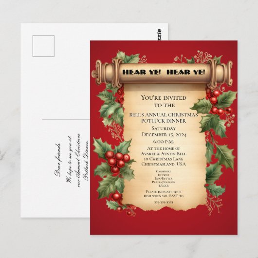 Kerst Potluck Diner Oude Wereld Scroll Uitnodiging (Voorkant / Achterkant)