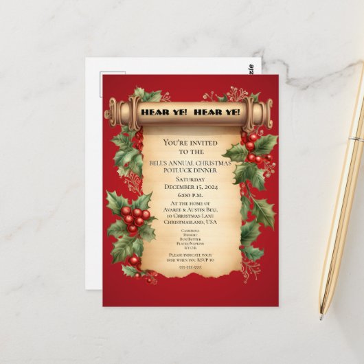 Kerst Potluck Diner Oude Wereld Scroll Uitnodiging (Voorkant / Achterkant in situ)