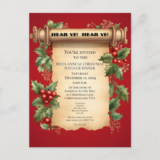 Kerst Potluck Diner Oude Wereld Scroll Uitnodiging (Voorkant)