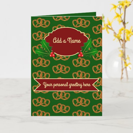 Kerst Pretzel Patroon met hulst: eigen tekst toevo Kaart (Gele Bloem)