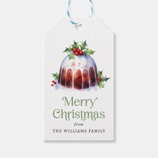 Kerst pudding holly bessen waterverf cadeaulabel (Voorkant)