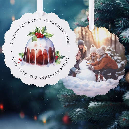 Kerst pudding holly bessen waterverf foto ornament kaart