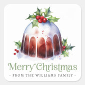 Kerst pudding holly bessen waterverf vierkante sticker (Voorkant)