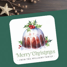 Kerst pudding holly bessen waterverf vierkante sticker