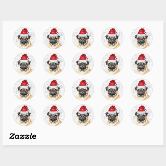 Kerst Pug Dog in Santa Hat Vakantie Ronde Sticker (Vel)