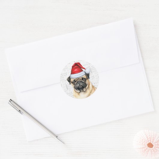 Kerst Pug Dog in Santa Hat Vakantie Ronde Sticker (Envelop)