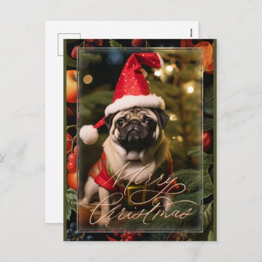 Kerst Pug Elf Feestdagenkaart (Voorkant / Achterkant)