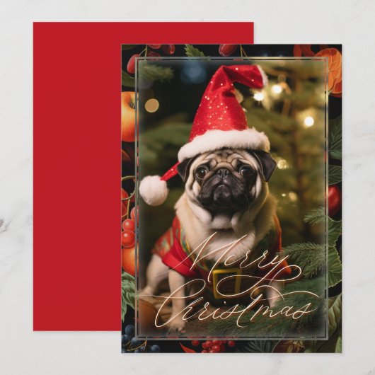 Kerst Pug Elf Feestdagenkaart (Voorkant / Achterkant)