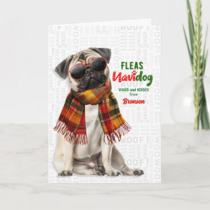 Kerst Pug Hond Grappige Vlooien Navidog met Naam Feestdagen Kaart