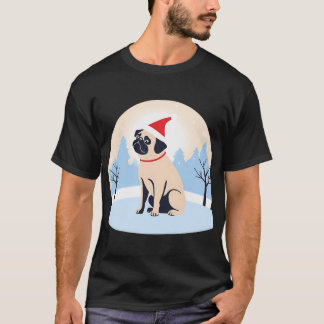 Kerst Pug in Kerstmannenhoed met Winterachtergrond T-shirt