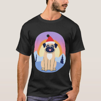 Kerst Pug in Kerstmannenhoed met Winterachtergrond T-shirt