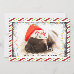 Kerst Pug in Santa-hoed met Kerstverlichting Feestdagenkaart