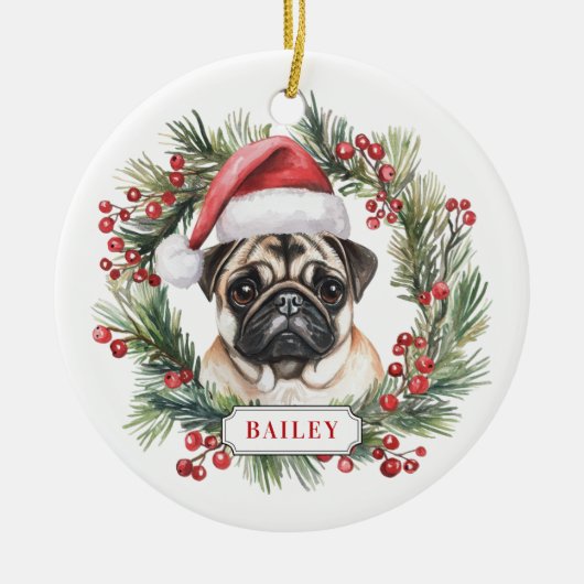 Kerst Pug Keramische Cirkel Ornament (Voorkant)