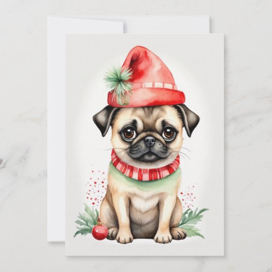 Kerst Pug met Rood Pet Platte Vakantie Kaart (Voorkant)