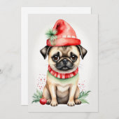 Kerst Pug met Rood Pet Platte Vakantie Kaart (Voorkant / Achterkant)
