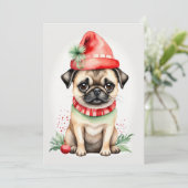 Kerst Pug met Rood Pet Platte Vakantie Kaart (Staand voorkant)