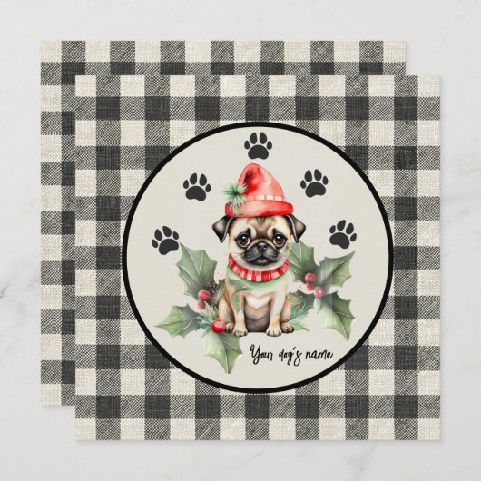 Kerst Pug met Rood Pet Platte Vakantie Kaart (Voorkant / Achterkant)