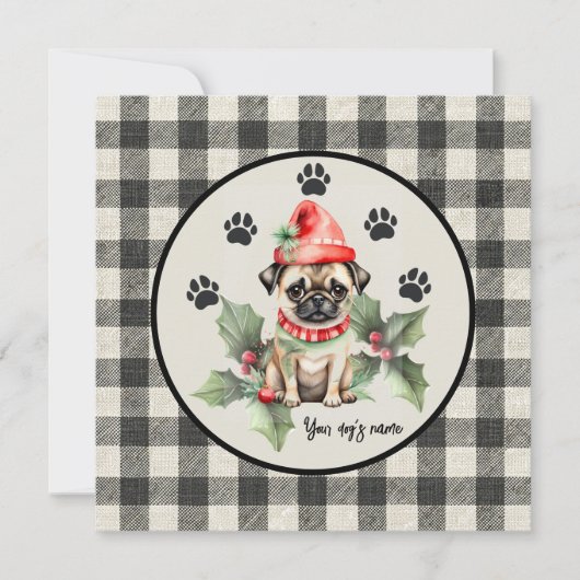 Kerst Pug met Rood Pet Platte Vakantie Kaart (Voorkant)