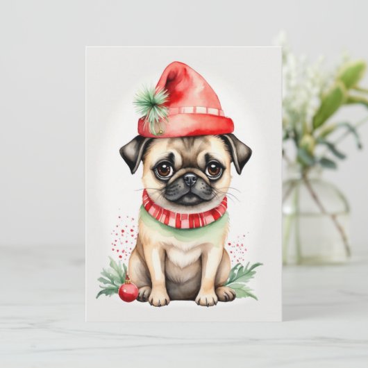 Kerst Pug met Rood Pet Platte Vakantie Kaart (Staand voorkant)