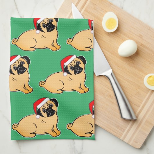 Kerst Pug Patroon Keukenhanddoek (Quarter Fold)