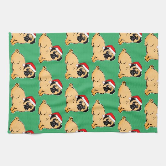 Kerst Pug Patroon Keukenhanddoek (Horizontaal)
