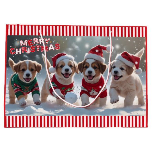 Kerst Puppies in Truien Spelen in Sneeuw Groot Cadeauzakje (Achterkant)