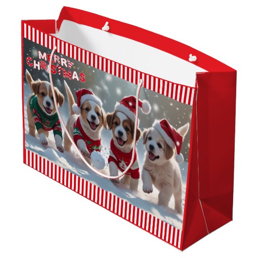Kerst Puppies in Truien Spelen in Sneeuw Groot Cadeauzakje (Achterkant Gekanteld)
