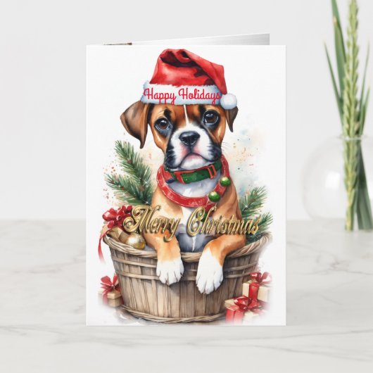 Kerst puppy in een mand vakantie kaart "Boxer" (Voorkant)