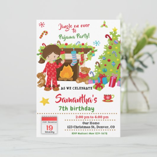 Kerst pyjama feest uitnodiging Slaapfeestje (Staand voorkant)