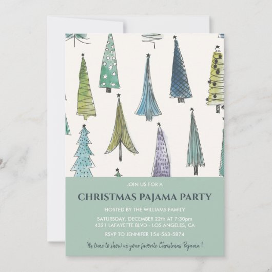 Kerst Pyjama Party Invitation Schattigee Bomen Kaart (Voorkant)
