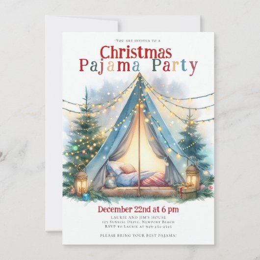Kerst Pyjama Party Tent Lights Waterverf Chic Kaart (Voorkant)