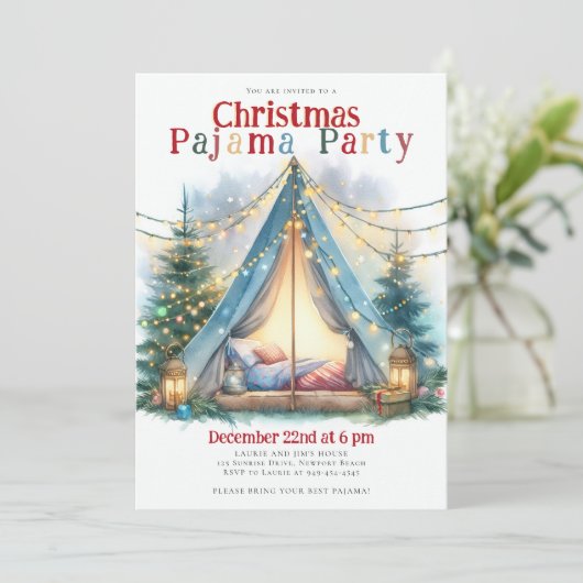 Kerst Pyjama Party Tent Lights Waterverf Chic Kaart (Staand voorkant)
