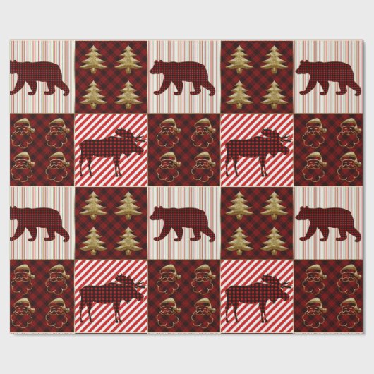 Kerst Quilt Buffalo Plaid Rendier Beer Cadeaupapier (Vlak)