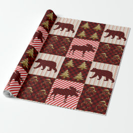 Kerst Quilt Buffalo Plaid Rendier Beer Cadeaupapier