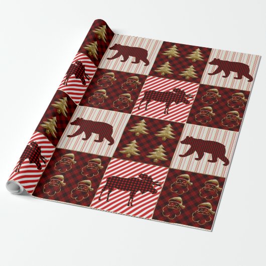 Kerst Quilt Buffalo Plaid Rendier Beer Cadeaupapier (Uitgerold)