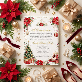 Kerst Quinceañera Rood & Goud Vakantie Kaart