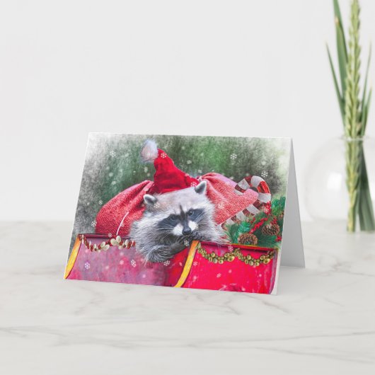 Kerst Raccoon loungen in Santa's Sleigh Feestdagen Kaart (Voorkant)