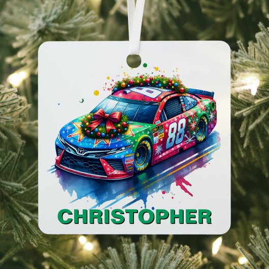 Kerst Race Car Racing Fan aangepaste naam Metalen Ornament
