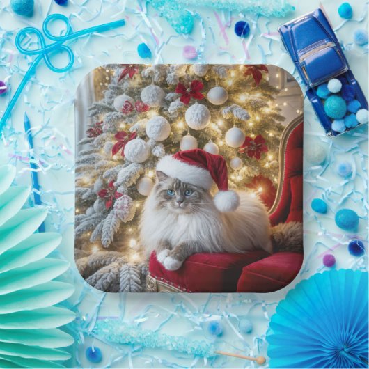 Kerst Ragdoll Cat op rode  stoel Papieren Bordje (Feest)